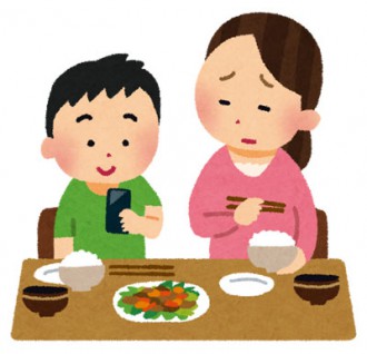 食事中の母子のイラスト│子供は成長に関係するヒスチジンを食事を通してしか摂取できない